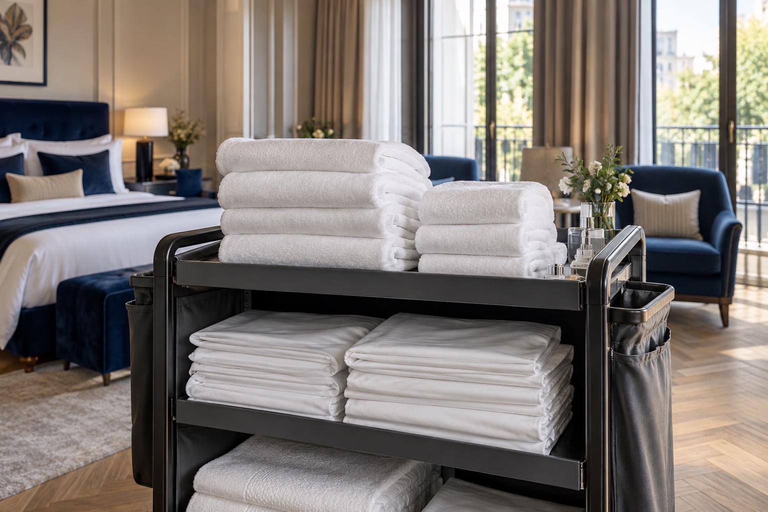 Fris gevouwen wit bed- en badlinnen in een lichte hotelkamer