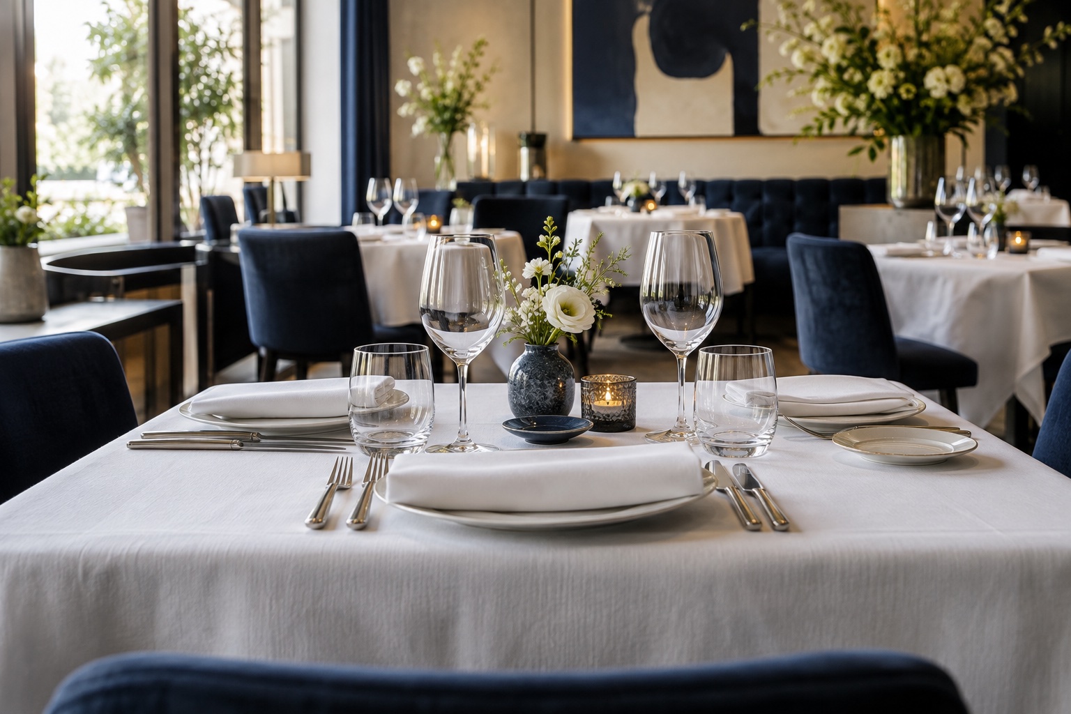 Verzorgde restauranttafel met wit tafellinnen en gevouwen servetten